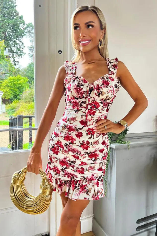 AX Paris Multi Floral Print Ruched Frill Strap Mini Dress Women Dresses