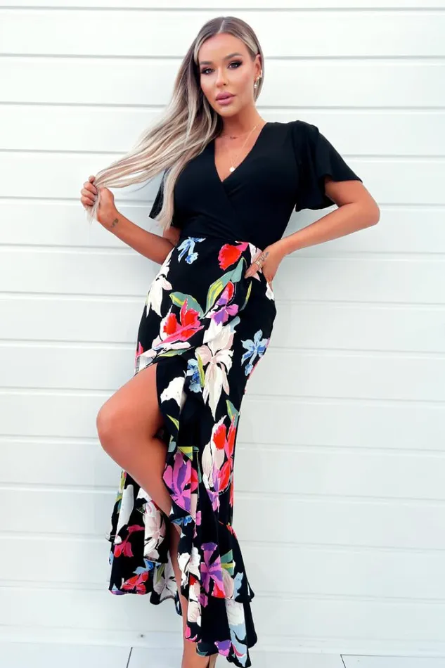AX Paris Multi Floral Printed 2 In 1 Short Sleeve Frill Hem Midi Dress Women Dresses