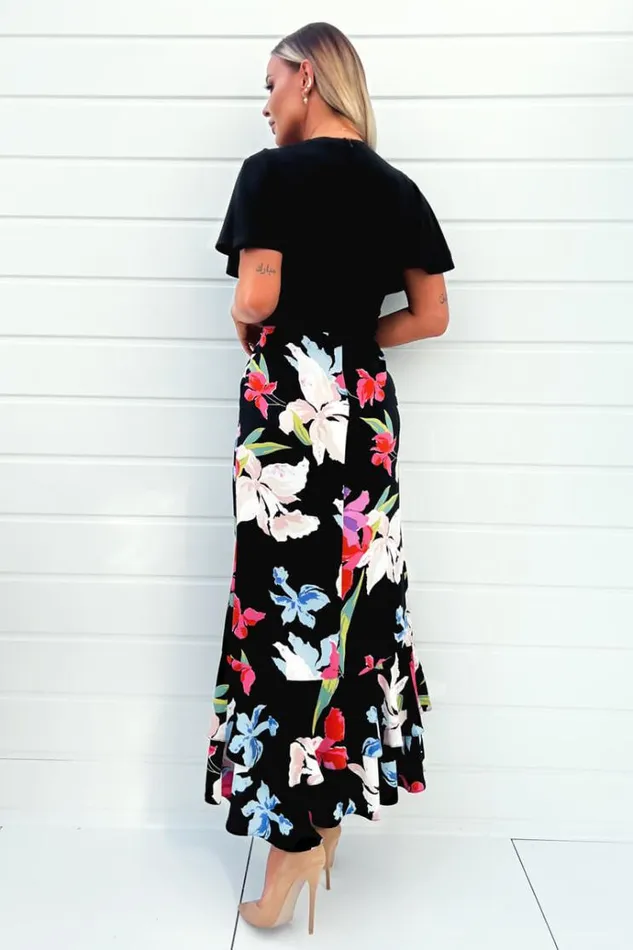 AX Paris Multi Floral Printed 2 In 1 Short Sleeve Frill Hem Midi Dress Women Dresses