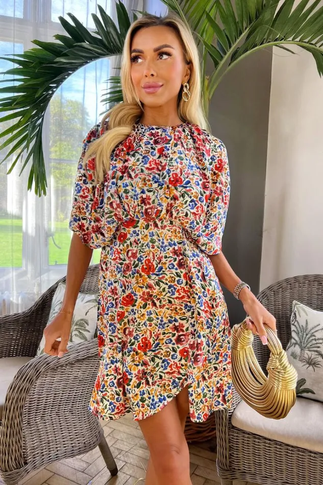 AX Paris Multi Floral Printed Batwing Mini Dress Women Dresses