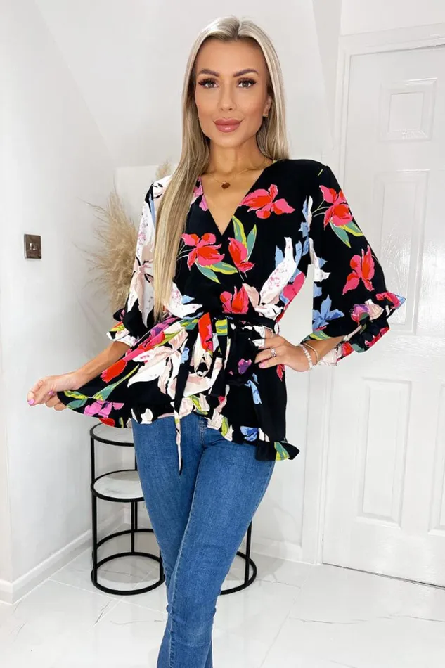 AX Paris Multi Floral Printed Frill Hem Wrap Top Women Tops