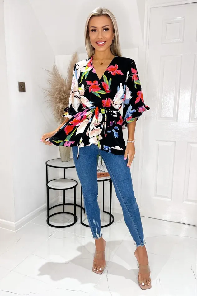 AX Paris Multi Floral Printed Frill Hem Wrap Top Women Tops