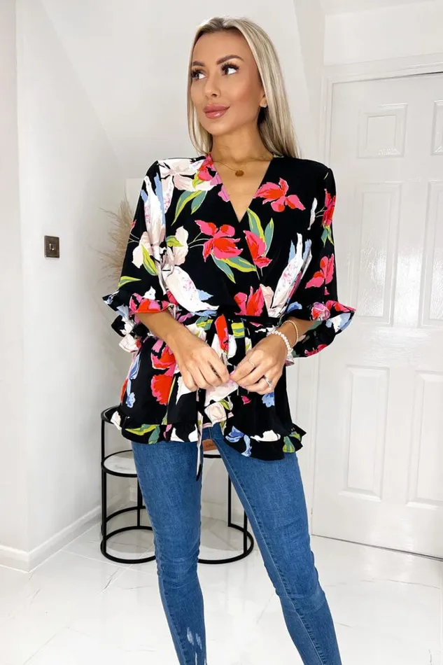 AX Paris Multi Floral Printed Frill Hem Wrap Top Women Tops