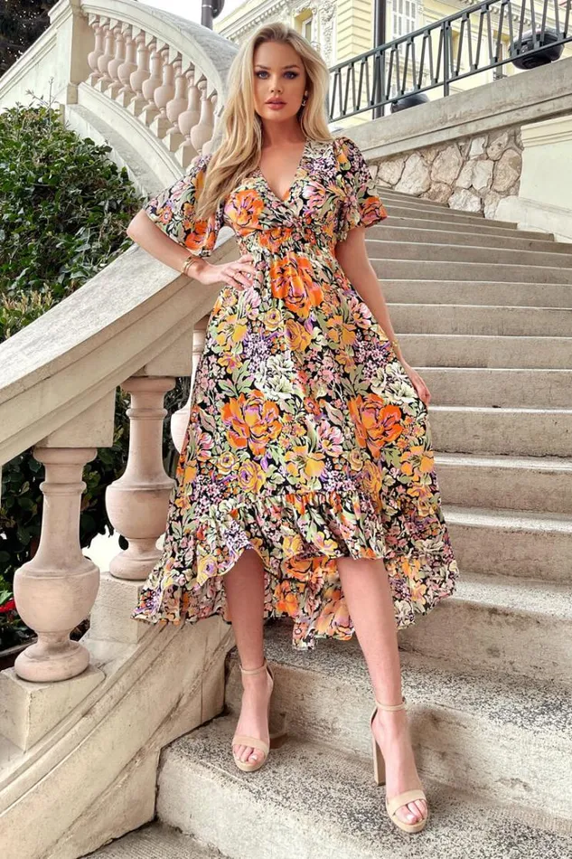 AX Paris Multi Floral Printed High Low Wrap Top Midi Dress Women Dresses