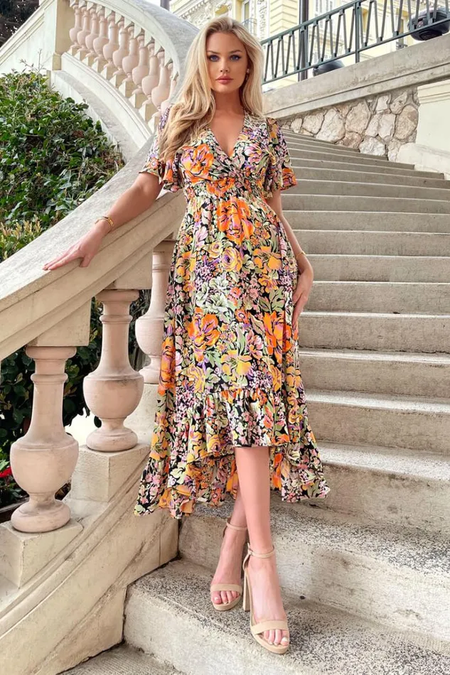 AX Paris Multi Floral Printed High Low Wrap Top Midi Dress Women Dresses