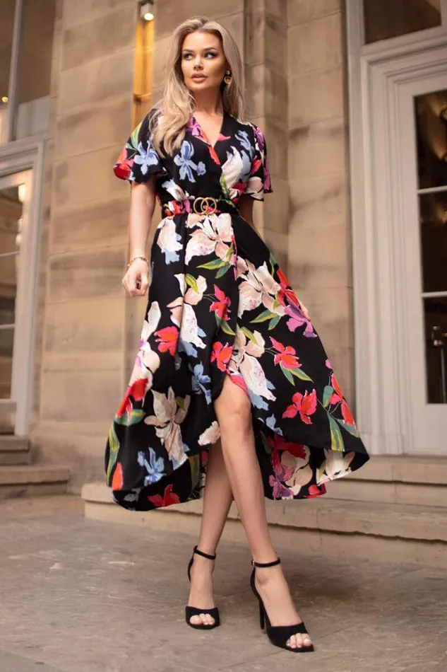 AX Paris Multi Floral Printed Short Sleeve Belted Wrap Midi Dress Women Dresses
