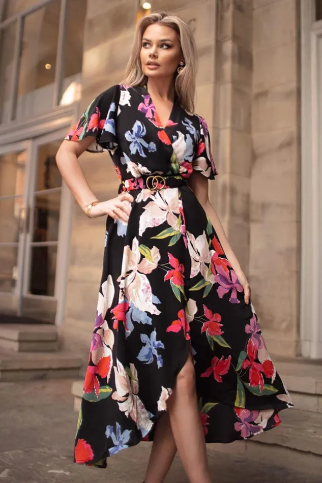 AX Paris Multi Floral Printed Short Sleeve Belted Wrap Midi Dress Women Dresses