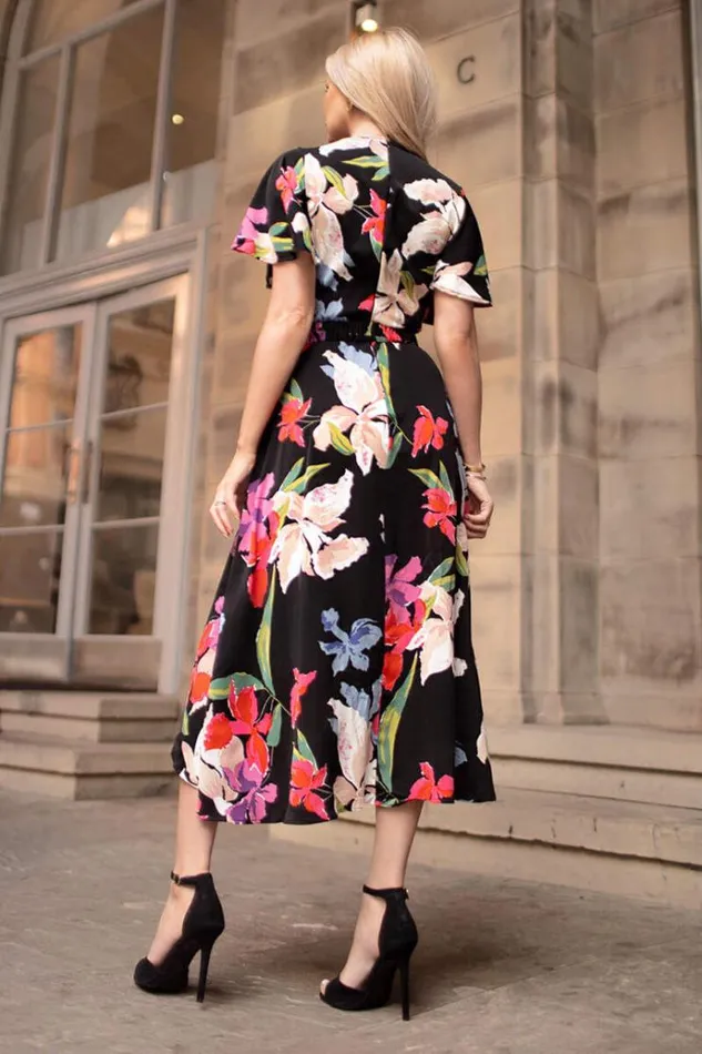 AX Paris Multi Floral Printed Short Sleeve Belted Wrap Midi Dress Women Dresses