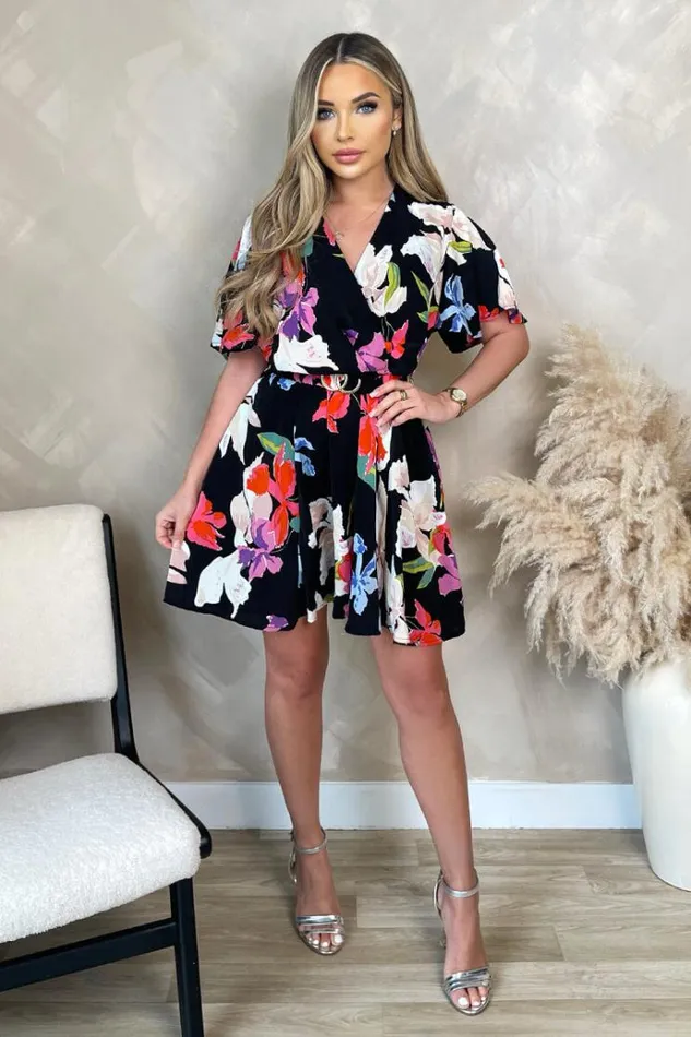 AX Paris Multi Floral Printed Wrap Over Belted Skater Dress Women Dresses