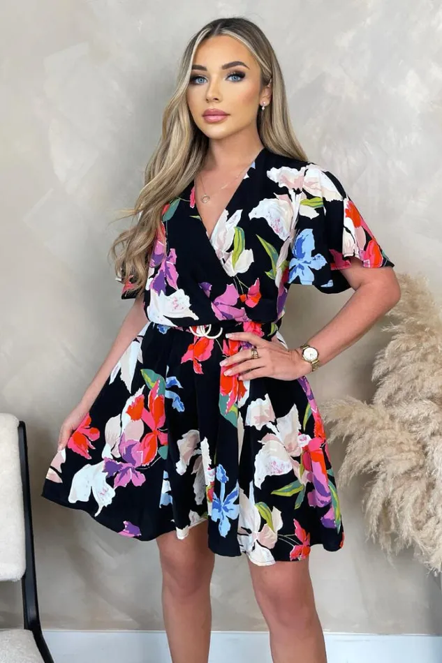 AX Paris Multi Floral Printed Wrap Over Belted Skater Dress Women Dresses