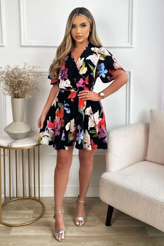 AX Paris Multi Floral Printed Wrap Over Belted Skater Dress Women Dresses