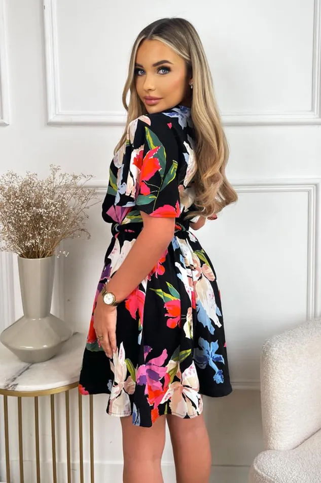 AX Paris Multi Floral Printed Wrap Over Belted Skater Dress Women Dresses