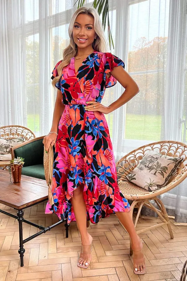 AX Paris Multi Floral Printed Wrap Over Top Frill Hem Midi Dress Women Dresses AX Paris Multi Floral Printed Wrap Over Top Frill Hem Midi Dress Women Dresses