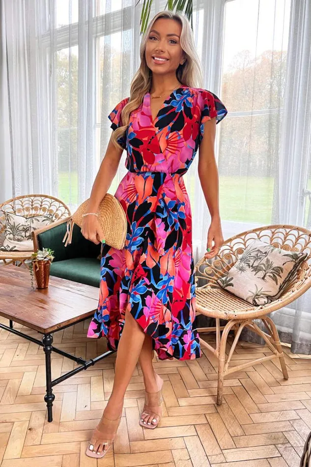 AX Paris Multi Floral Printed Wrap Over Top Frill Hem Midi Dress Women Dresses