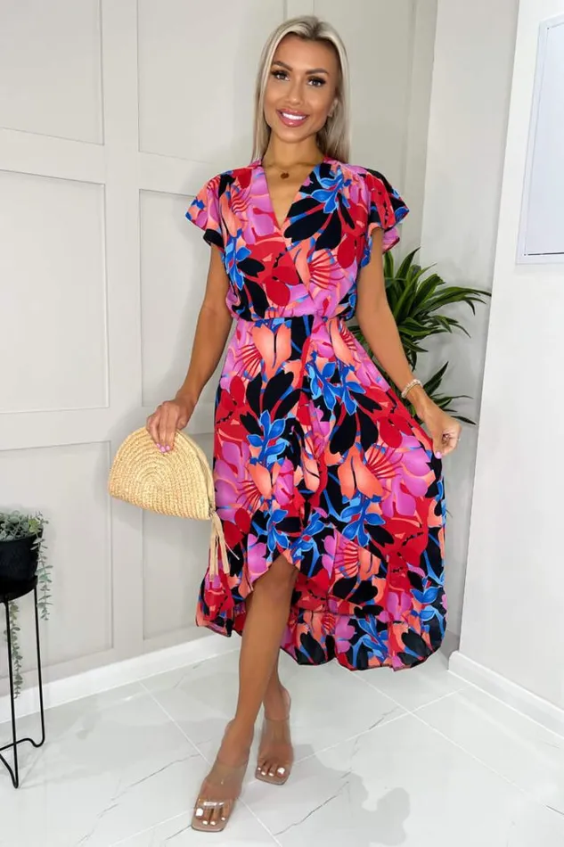 AX Paris Multi Floral Printed Wrap Over Top Frill Hem Midi Dress Women Dresses