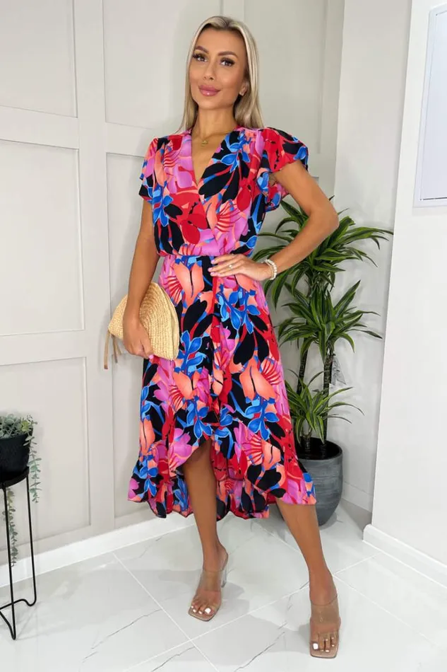 AX Paris Multi Floral Printed Wrap Over Top Frill Hem Midi Dress Women Dresses