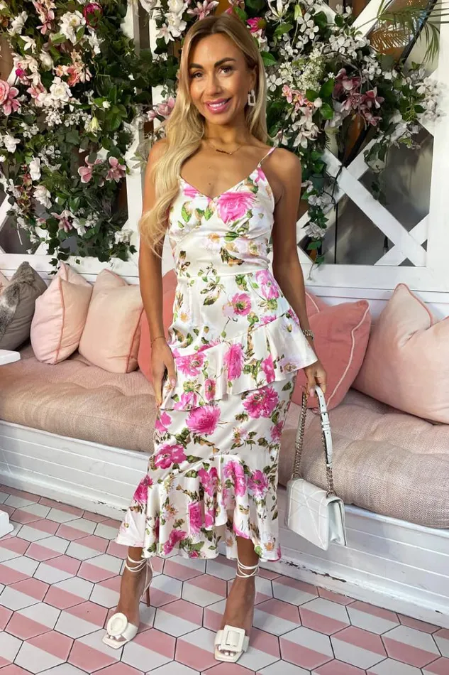 AX Paris Multi Floral Satin Ruffle Midi Dress Women Dresses