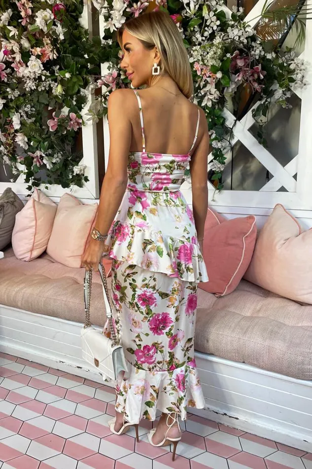 AX Paris Multi Floral Satin Ruffle Midi Dress Women Dresses