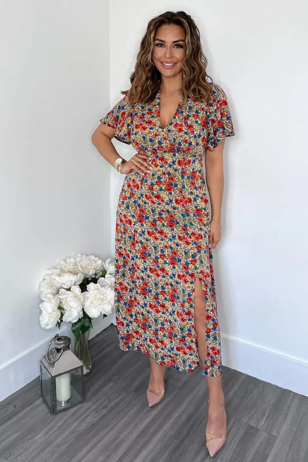 AX Paris Multi Floral V Neck Butterfly Sleeve Midi Dress Women Dresses