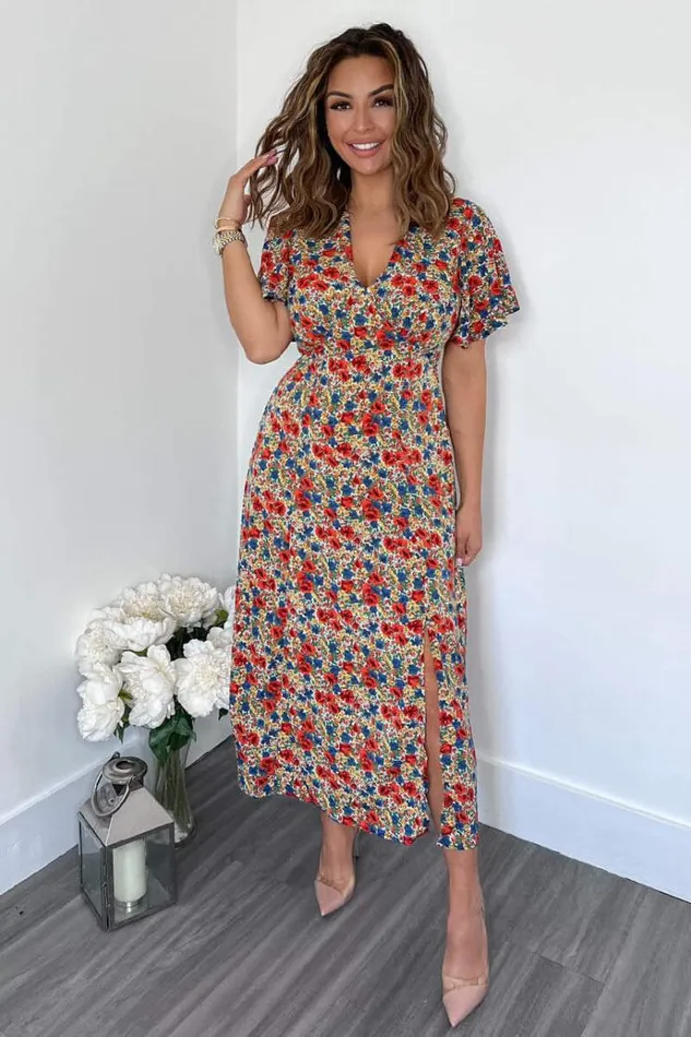 AX Paris Multi Floral V Neck Butterfly Sleeve Midi Dress Women Dresses