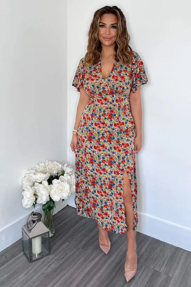 AX Paris Multi Floral V Neck Butterfly Sleeve Midi Dress Women Dresses