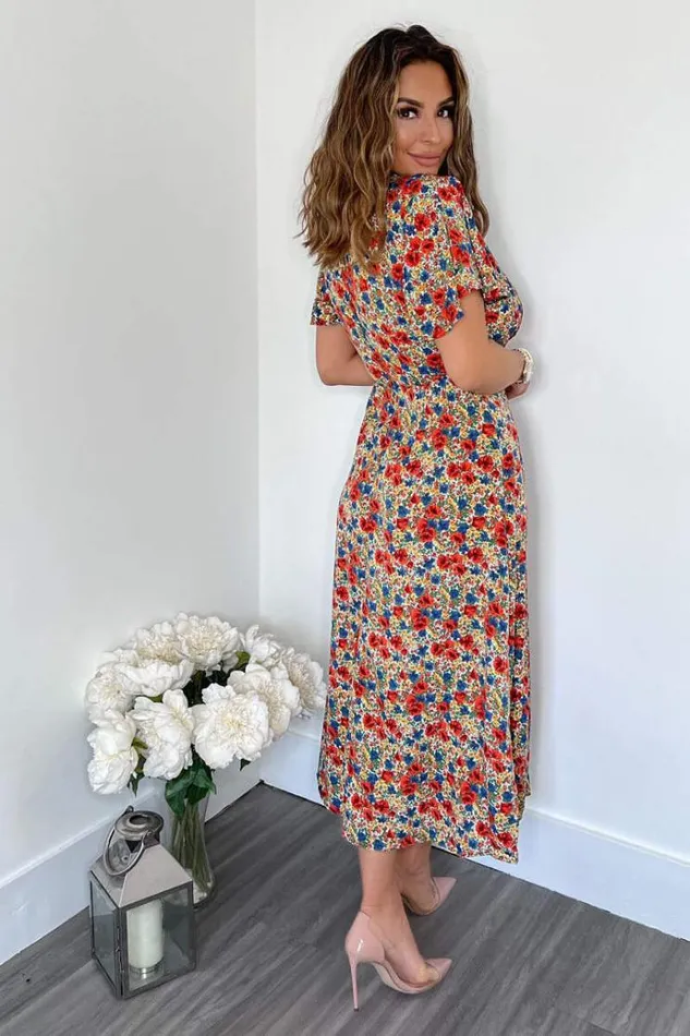 AX Paris Multi Floral V Neck Butterfly Sleeve Midi Dress Women Dresses