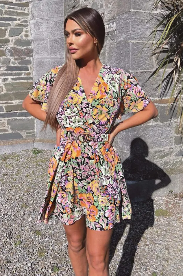AX Paris Multi Floral Wrap Top Belted Skater Dress Women Dresses