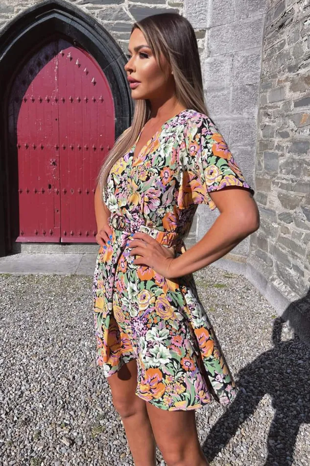AX Paris Multi Floral Wrap Top Belted Skater Dress Women Dresses