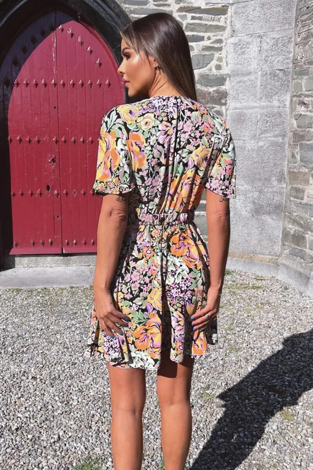 AX Paris Multi Floral Wrap Top Belted Skater Dress Women Dresses