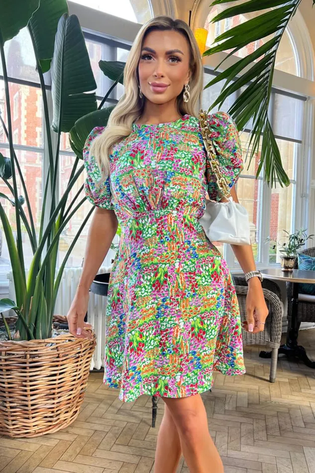 AX Paris Multi Garden Print Puff Sleeve Mini Skater Dress Women Dresses
