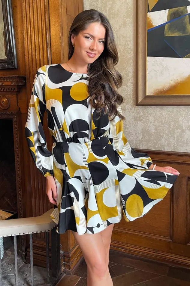 AX Paris Multi Geometric Print Long Sleeve Skater Mini Dress Women Dresses
