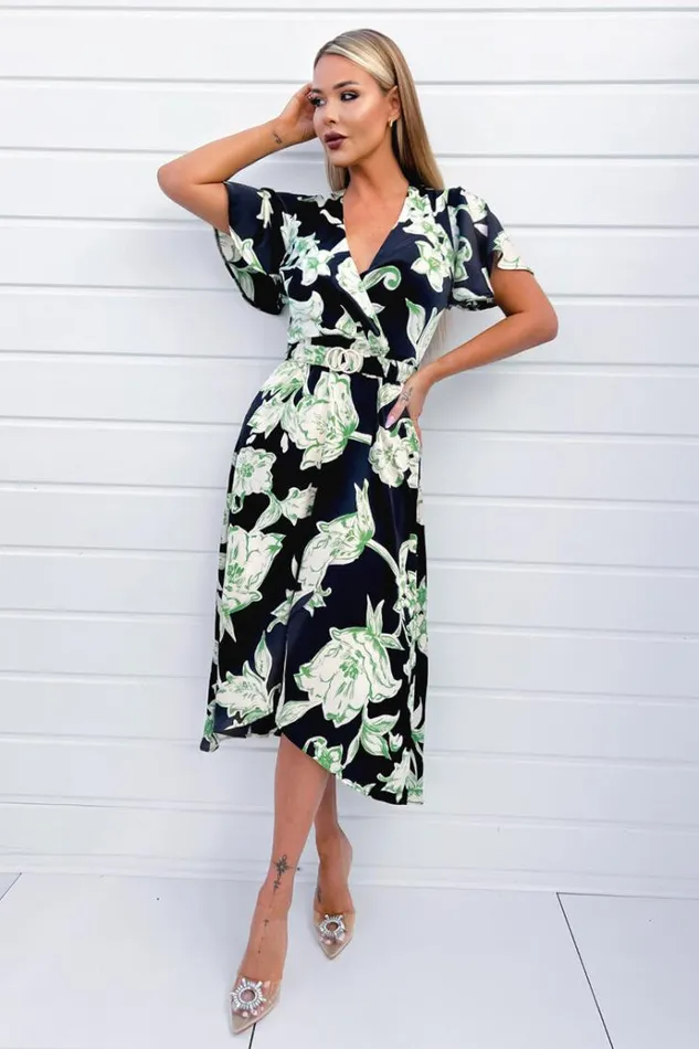 AX Paris Multi Green And Black Floral Printed Short Sleeve Belted Wrap Midi Dress Women Dresses