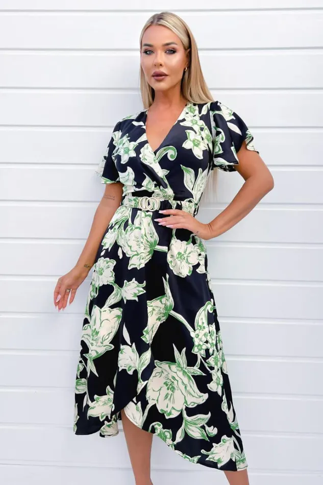 AX Paris Multi Green And Black Floral Printed Short Sleeve Belted Wrap Midi Dress Women Dresses