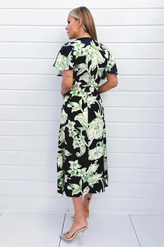 AX Paris Multi Green And Black Floral Printed Short Sleeve Belted Wrap Midi Dress Women Dresses