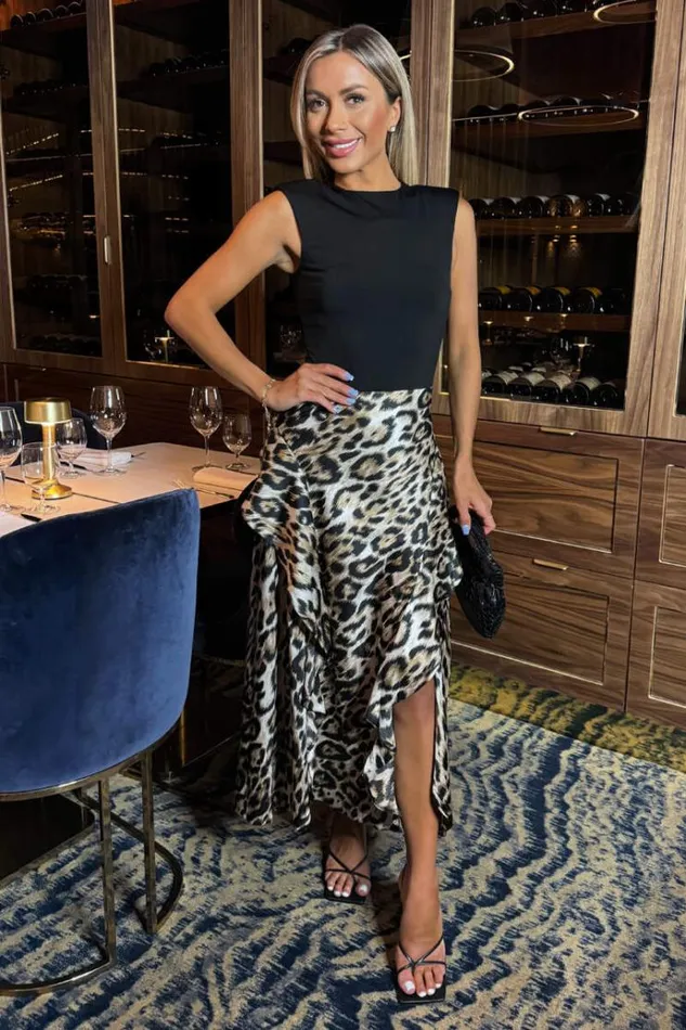 AX Paris Multi Leopard Print 2 In 1 Double Frill Split Midi Dress Women The Leopard Edit AX Paris Multi Leopard Print 2 In 1 Double Frill Split Midi Dress Women The Leopard Edit