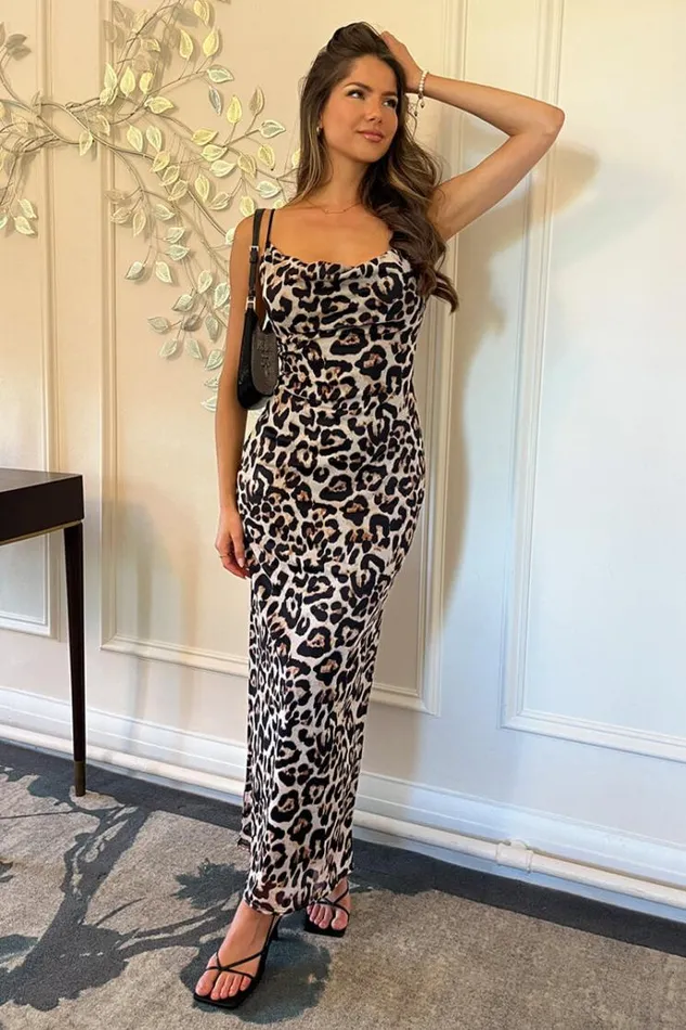 AX Paris Multi Leopard Print Mesh Cowl Neck Slip Midi Dress Women Dresses