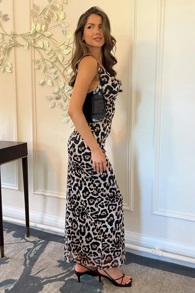 AX Paris Multi Leopard Print Mesh Cowl Neck Slip Midi Dress Women Dresses
