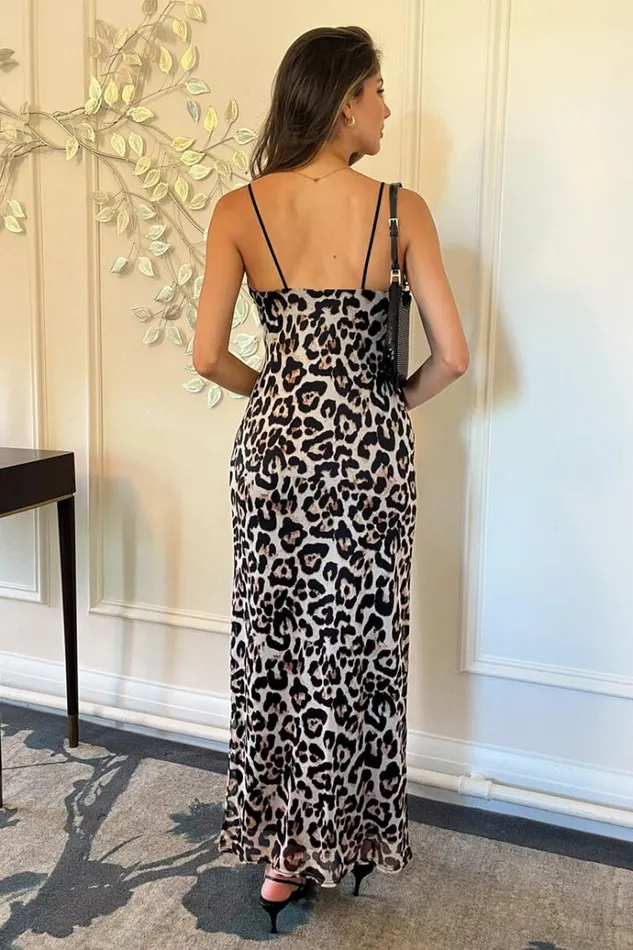 AX Paris Multi Leopard Print Mesh Cowl Neck Slip Midi Dress Women Dresses