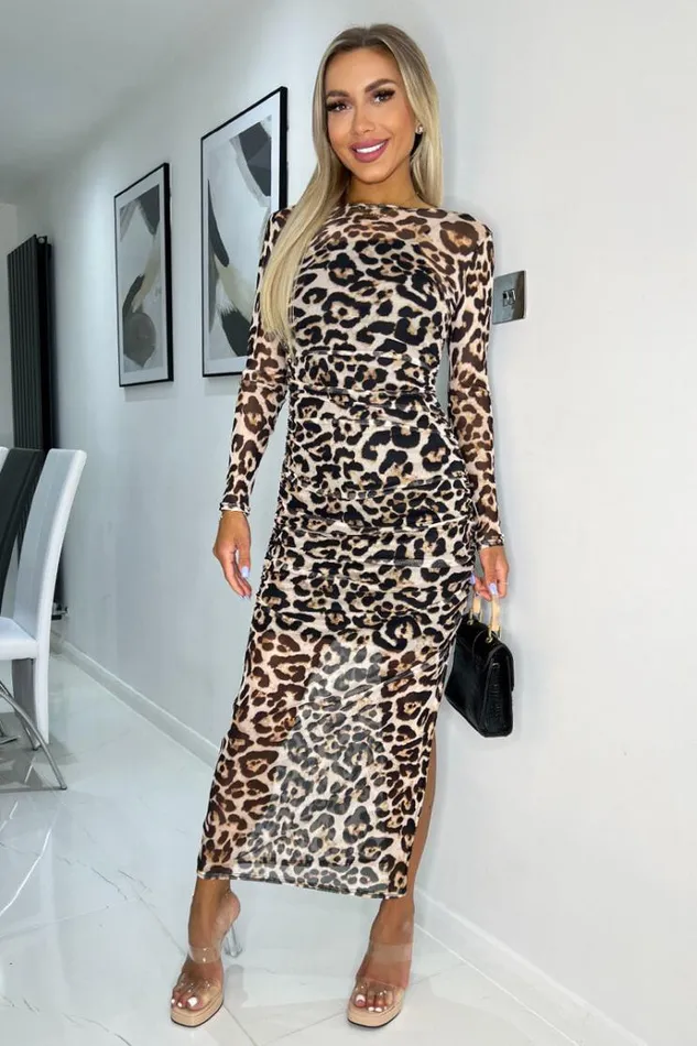 AX Paris Multi Leopard Print Mesh Overlay Long Sleeve Bodycon Midi Dress Women The Leopard Edit AX Paris Multi Leopard Print Mesh Overlay Long Sleeve Bodycon Midi Dress Women The Leopard Edit