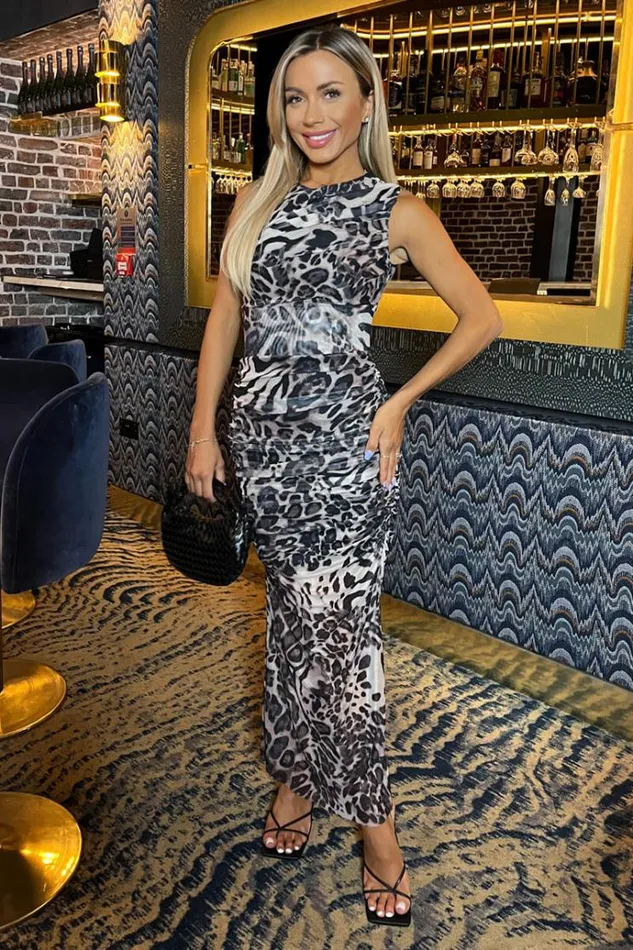 AX Paris Multi Leopard Print Mesh Sleeveless Ruched Side Split Midi Dress Women Dresses