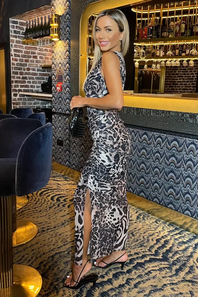 AX Paris Multi Leopard Print Mesh Sleeveless Ruched Side Split Midi Dress Women Dresses