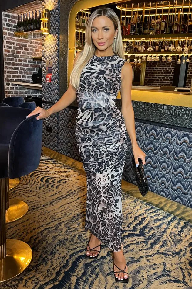 AX Paris Multi Leopard Print Mesh Sleeveless Ruched Side Split Midi Dress Women The Leopard Edit AX Paris Multi Leopard Print Mesh Sleeveless Ruched Side Split Midi Dress Women The Leopard Edit