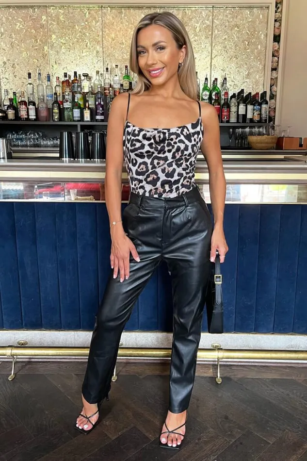 AX Paris Multi Leopard Print Mesh Strappy Cowl Neck Bodysuit Women Tops