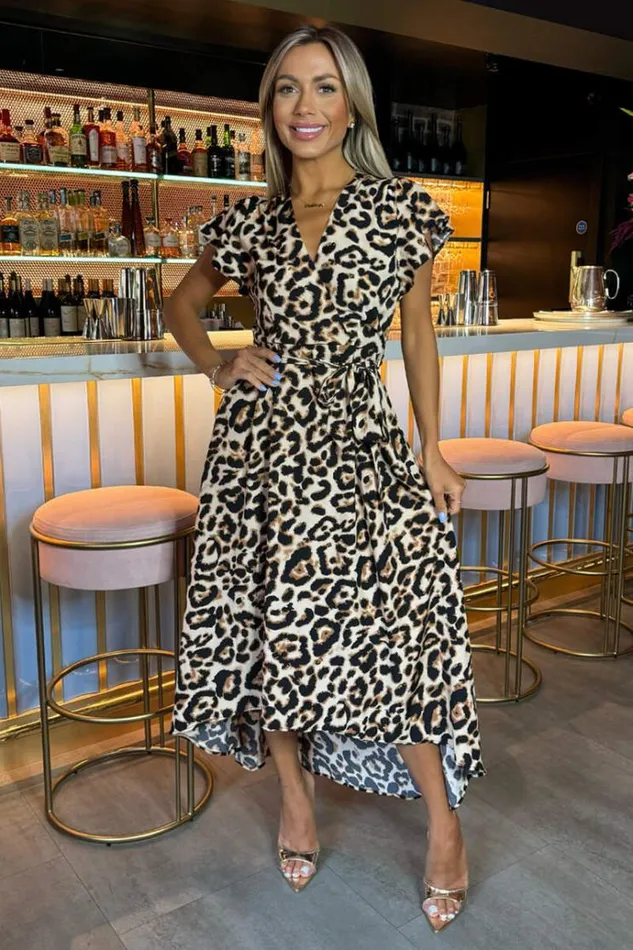 AX Paris Multi Leopard Print Short Sleeve Belted Wrap Midi Dress Women The Leopard Edit
