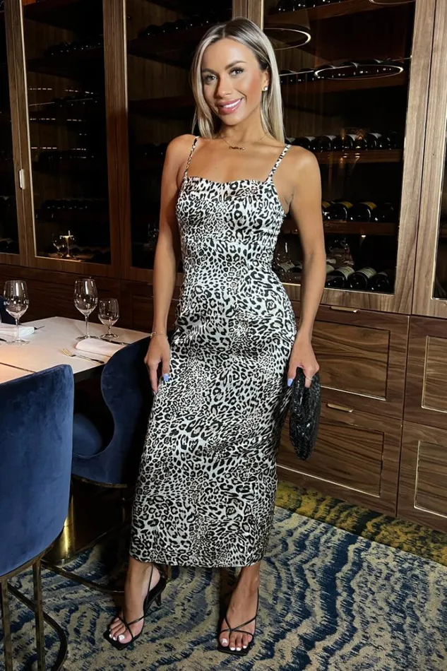 AX Paris Multi Leopard Print Strappy Satin Slip Midi Dress Women Dresses