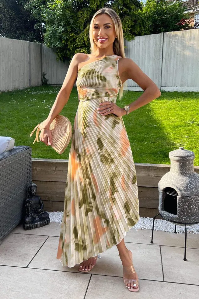 AX Paris Multi Marble Print One Shoulder Pleated Satin Midi Dress Women Dresses