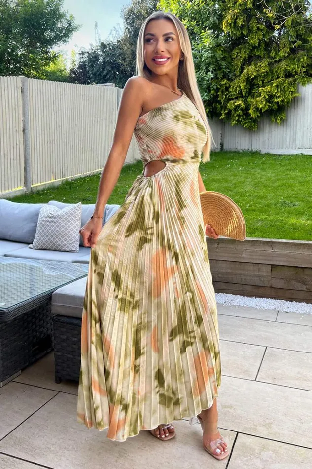 AX Paris Multi Marble Print One Shoulder Pleated Satin Midi Dress Women Dresses