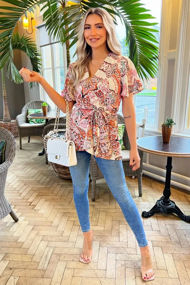 AX Paris Multi Paisley Print Wrap Short Sleeve Belted Top Women Tops