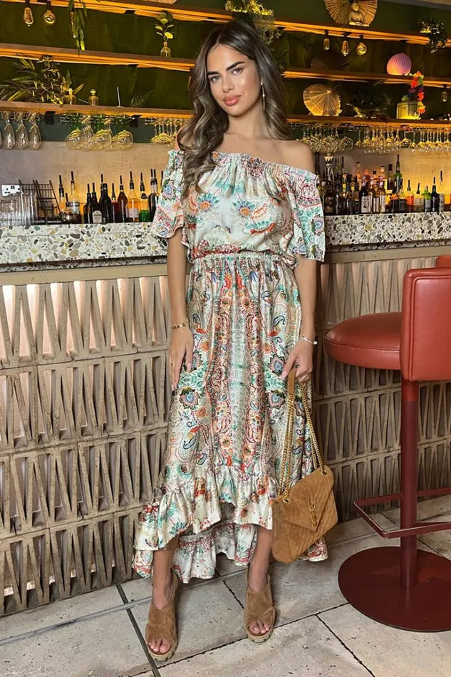 AX Paris Multi Paisley Printed Bardot Frill Hem Midi Dress Women Dresses