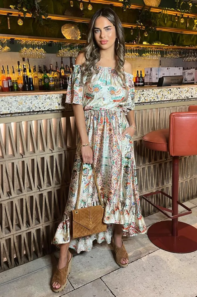 AX Paris Multi Paisley Printed Bardot Frill Hem Midi Dress Women Dresses